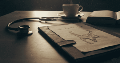 Sabah sessizliğinde bir masa üzerinde duran stetoskop, kahve fincanı ve veteriner hekim güncesi