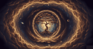 Ramazan Boztepe Huzura Mecbur şiiri temalı altın ve indigo tonlarında kozmik evren, hayat ağacı ve içsel yolculuk illüstrasyonu - Boztepe Epikrizi.