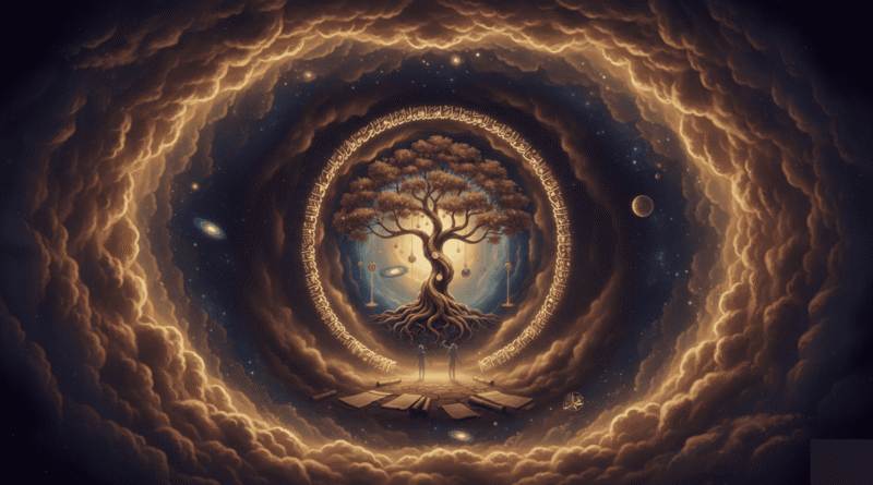 Ramazan Boztepe Huzura Mecbur şiiri temalı altın ve indigo tonlarında kozmik evren, hayat ağacı ve içsel yolculuk illüstrasyonu - Boztepe Epikrizi.
