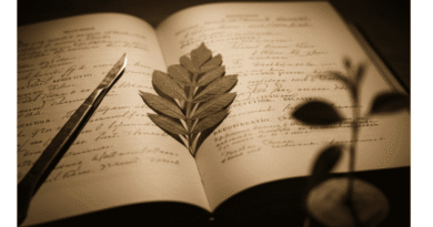 Eski bir tıp güncesi üzerinde duran cerrahi neşter ve iyileşmeyi simgeleyen yeşil yaprak