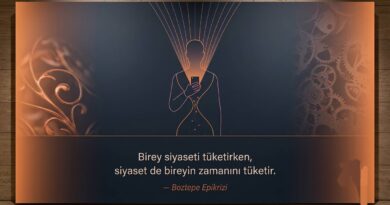 Elinde telefon tutan bir insan figürü, daralan huni şeklinde ışık çizgileri ve kum saati imgesiyle birleşiyor; siyaset tüketimi ve zamanın tükenişi temasını simgeliyor