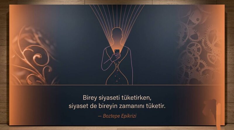 Elinde telefon tutan bir insan figürü, daralan huni şeklinde ışık çizgileri ve kum saati imgesiyle birleşiyor; siyaset tüketimi ve zamanın tükenişi temasını simgeliyor